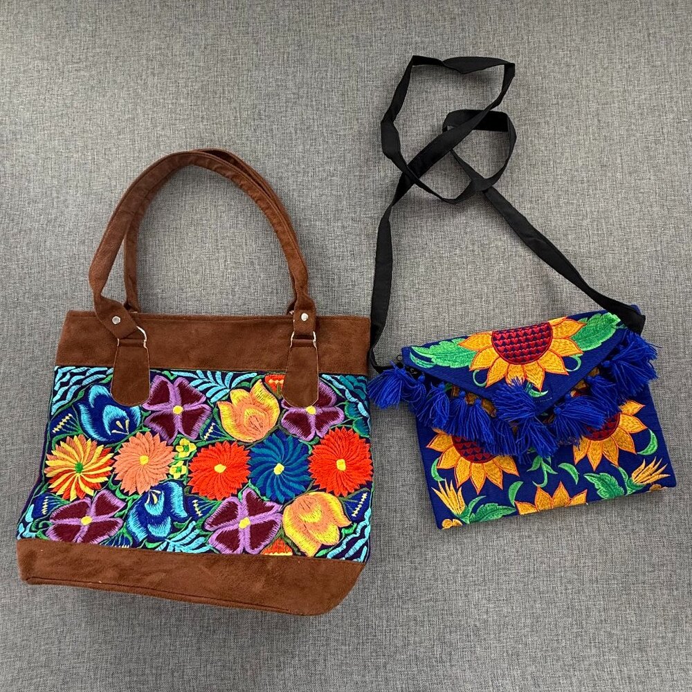 Gently‎ Used Suede Tote Bag Floral Embroidery & Brand New Crossbody Bag Handmade